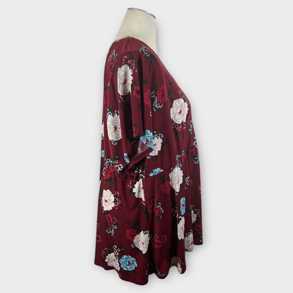 Torrid Burgundy Red Studio Knit Surplice Wrap Top Floral Short Sleeve V-Neck 5X - Picture 2 of 7
